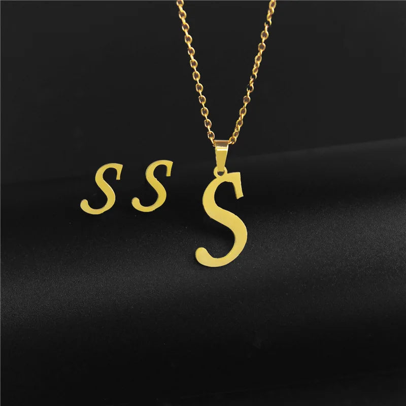 A-Z 26 Stainless Steel Initial Necklace and Earring Jewelry Set Letter Pendant Chain Alphabet Mom Christmas Gift