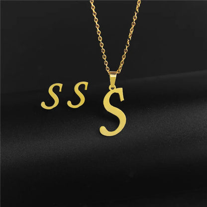 A-Z 26 Stainless Steel Initial Necklace and Earring Jewelry Set Letter Pendant Chain Alphabet Mom Christmas Gift