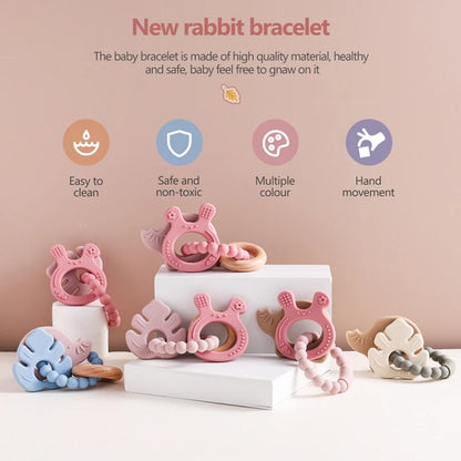 1PC Silicone Teether Baby Animal Shape Wooden Teether Ring Kid Gift BPA Free Silicone Children Goods Kid Teething Toy