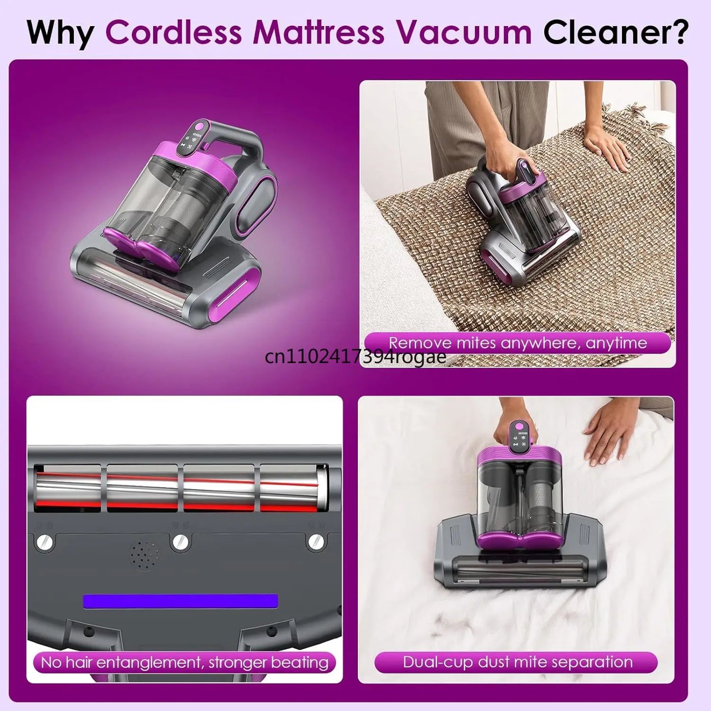 Cordless Mattress Vacuum Cleaner Bed Vacuum Cleaner Rotation Ultrasonic Tech Double-Cup Portable Handheld Vacuum
