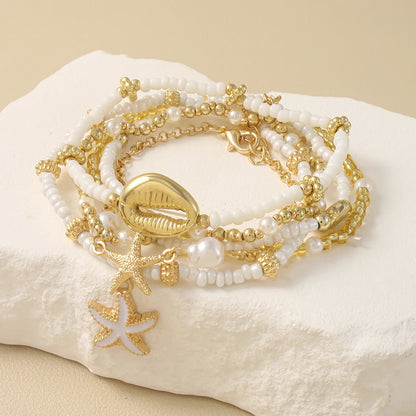 Vintage Seed Bead Stacked Bracelet Set Starfish Shell Embellishment Bracelets Elegant Women's Summer Beach Party Ideal Jewelry