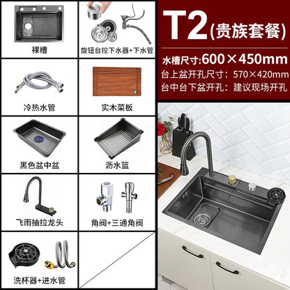 Stainless Steel Waterfall Kitchen Sink New Embossed Extra Large Single Slot Modern Digital Display Multifunctional Kitchen Sinks
