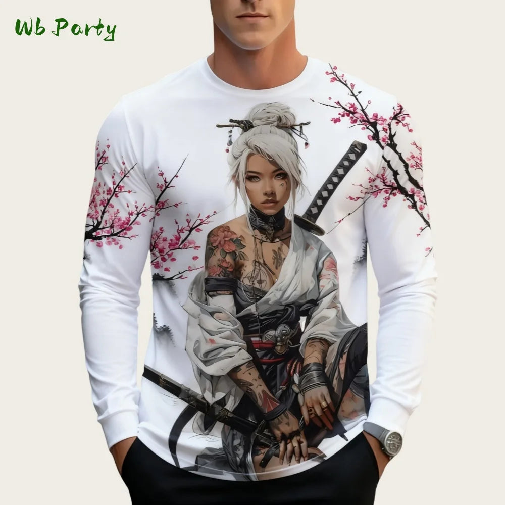 Japanese Long Sleeve Mens 3D Samurai Cartoon Pattern T-Shirt O-Neck Long Short Sleeve Breathable Style Streetwear Men's Clothing