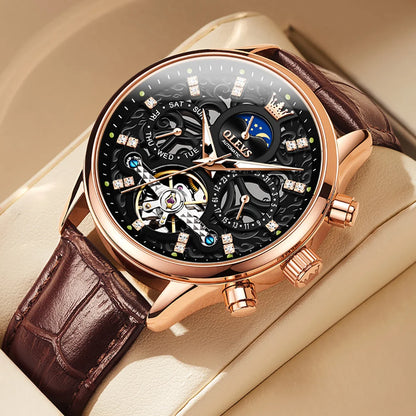 OLEVS 6658 Fashion Men's Watches Hollow Flywheel Automatic Mechanical Wristwatch Leather Strap Waterproof Luminous Moon Phase