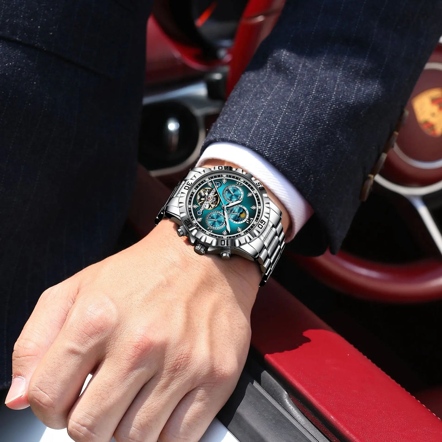 POEDAGAR Military Luxury Men Clock Mechanical Waterproof Man Watch Hollow Tourbillon Automatic Stainless Steel Men's Watches+Box