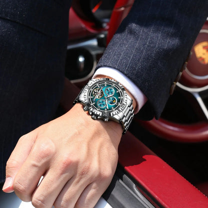 POEDAGAR Military Luxury Men Clock Mechanical Waterproof Man Watch Hollow Tourbillon Automatic Stainless Steel Men's Watches+Box