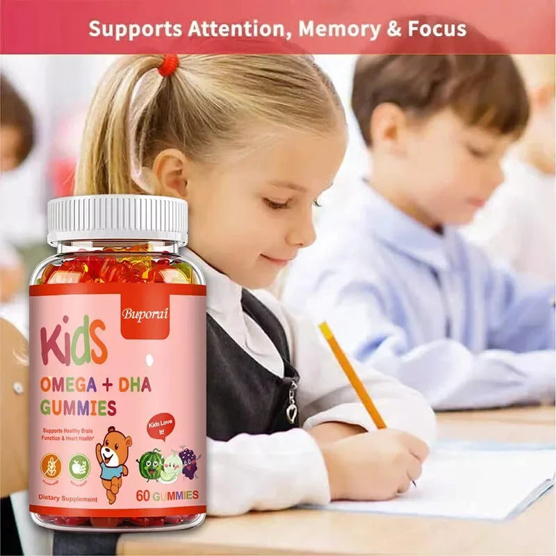 Kids Omega+DHA Gummies with Vitamin D3 -  High IQ Brain Enhancer, Improve Memory and Concentration