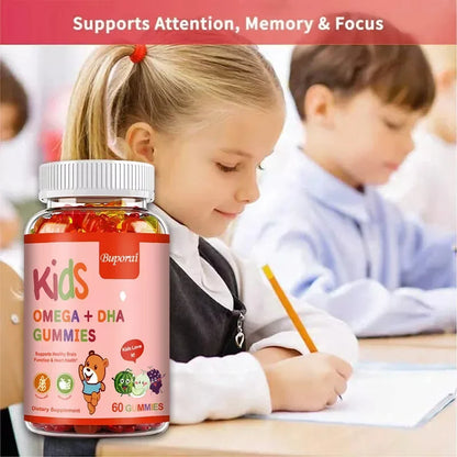 Kids Omega+DHA Gummies with Vitamin D3 -  High IQ Brain Enhancer, Improve Memory and Concentration
