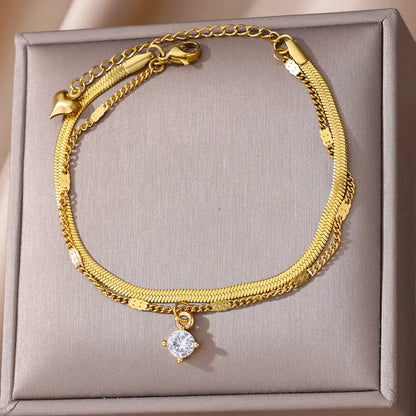 Zircon Cross Anklets For Women Gold Color Stainless Steel Cross Anklet Double Chain Summer Beach Party Jewelry Gift Accessories