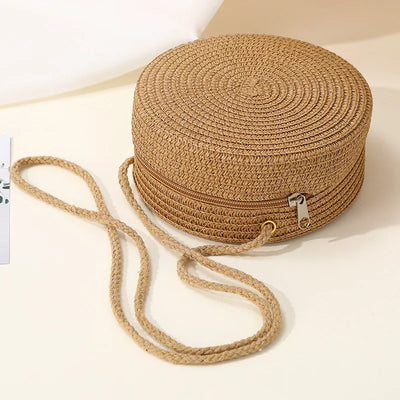 3 Colors Available Handwoven Charm Chic Women's Round Woven Crossbody Bag, Perfect for Beach Vacations Stylish Tote with Zipper