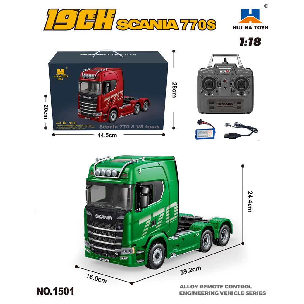 HUINA 1501 770S Alloy Tractor 19CH RC Truck 1/18 2.4G remote control Engineering Trailer Truck with Light and Sound Toys