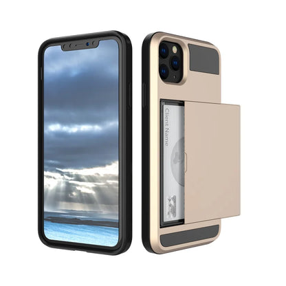 Slide Wallet Credit Card Slot PC Phone Case For iPhone 13 12 Mini 11 14 15 Pro Max XS XR 7 8 Plus SE TPU Armor Shockproof Cover