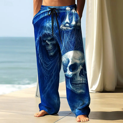 Men's Skull Skeleton Printed Trousers Baggy Pants Casual Pants Mid Waist Elastic Drawstring Waist Pants for Men Streetwear Fall