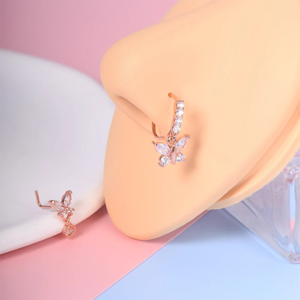 2Pcs Butterfly Pendant Dangle Nose Studs Ring Stainless Steel Zircon Indian Nose Piercing Rings Earrings Valentine Jewelry Gift