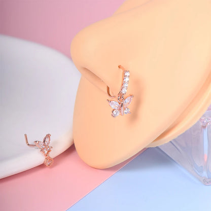2Pcs Butterfly Pendant Dangle Nose Studs Ring Stainless Steel Zircon Indian Nose Piercing Rings Earrings Valentine Jewelry Gift