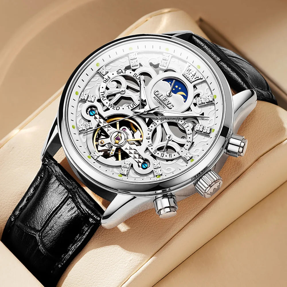 OLEVS 6658 Fashion Men's Watches Hollow Flywheel Automatic Mechanical Wristwatch Leather Strap Waterproof Luminous Moon Phase