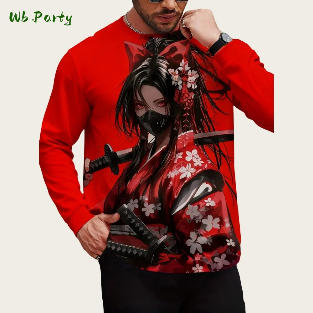 Japanese Long Sleeve Mens 3D Samurai Cartoon Pattern T-Shirt O-Neck Long Short Sleeve Breathable Style Streetwear Men's Clothing