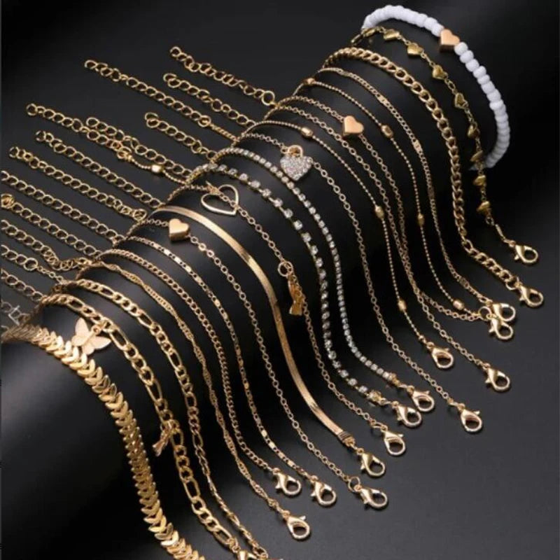 13pcs/Set Bohemian Heart Butterfly Rhinestone Anklet for Women Faux Turquoise Multi-Element Anklets Summer Beach Party Jewelry