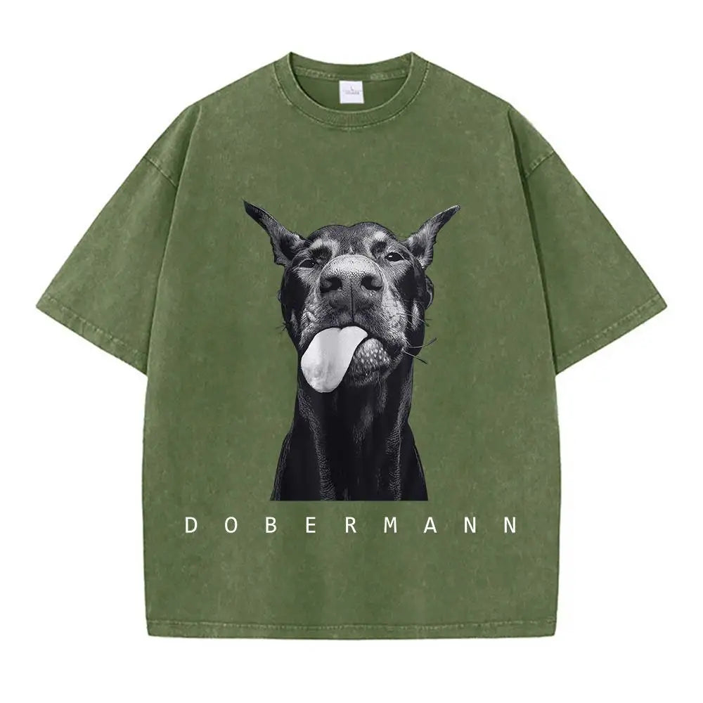 Womans Cotton Washed T-Shirts Fashion Creativity Doberman Printing Short Sleeve O-Neck Loose Distressed Street Female Clothes