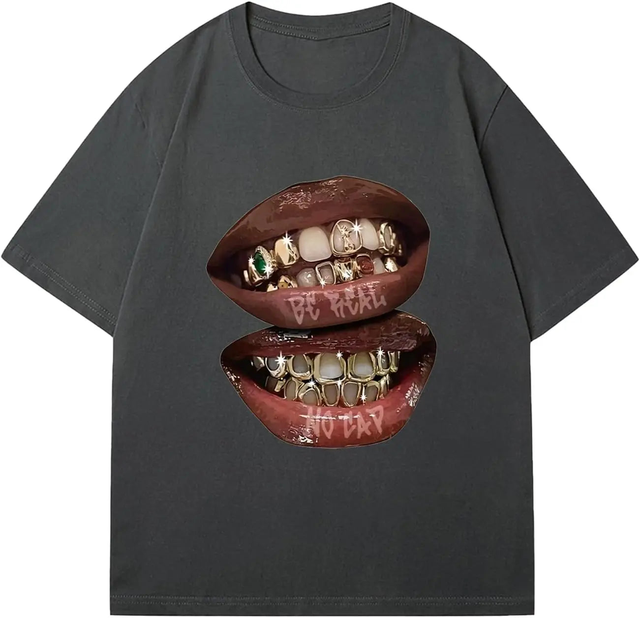 Chic Lips Golden Teeth Vintage T-shirt Rock Goth Casual Tee Clothing Men Oversized Cotton T Shirt Harajuku Y2k Tops Streetwear