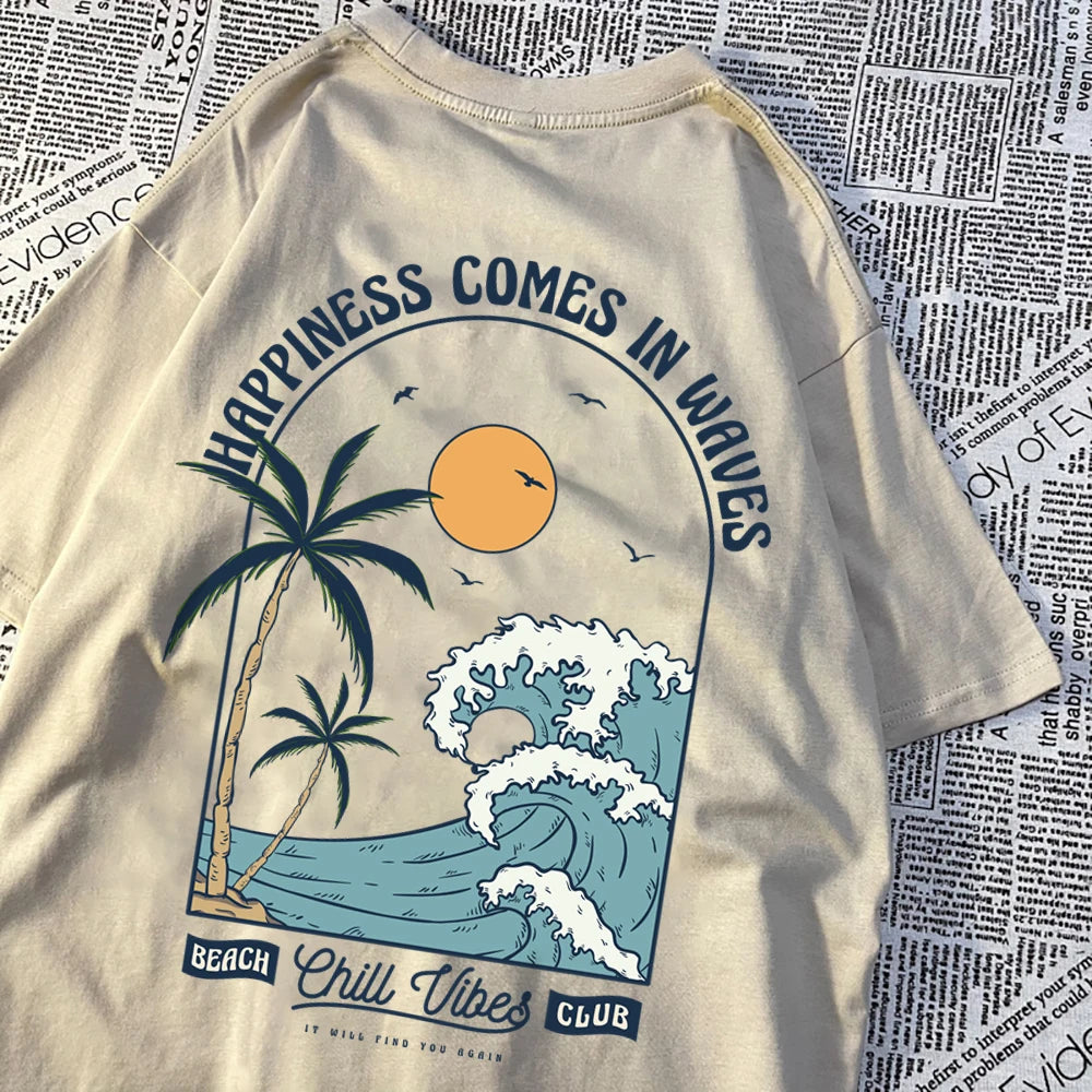 Happiness Comes In Waves Printing Men Women Clothes Fashion Loose Tops Creativity Casual T Shirt Pattern Loose Tshirts Couple