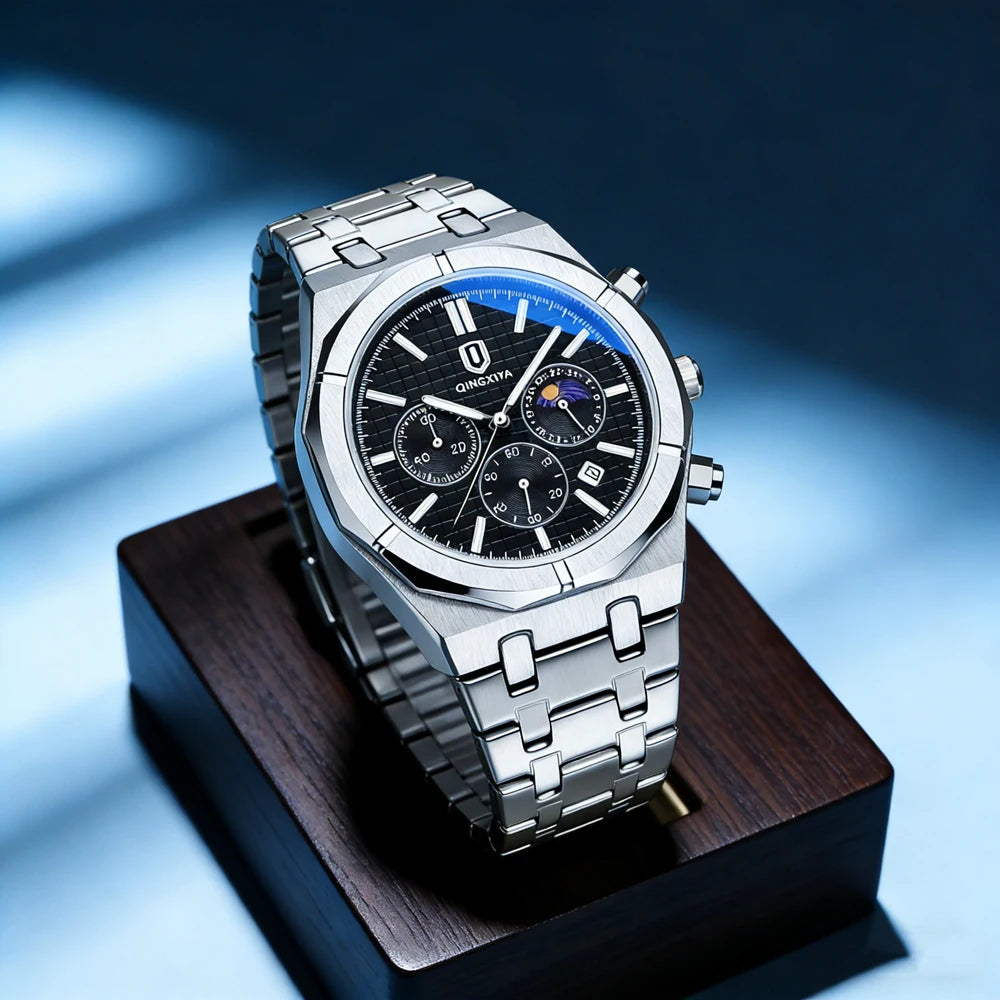 QINGXIYA Brand New Fashion Chronograph Quartz Watch for Men Stainless Steel Waterproof Luminous Date Luxury Men's Watches Reloj
