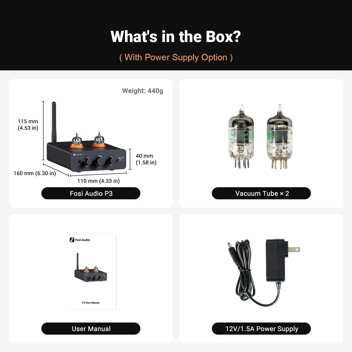 Fosi Audio P3 Bluetooth Tube Amplifier HiFi Stereo Preamplifier Valve Vacuum with Treble & Bass Tone Control For Home Speaker