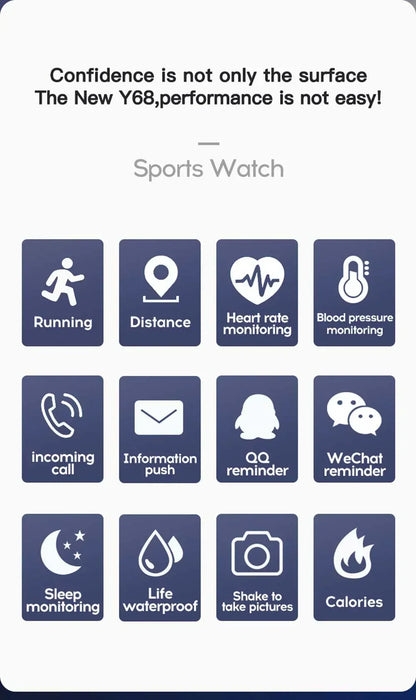 Smart Watch Y68: Color Screen Fitness Tracker w/ Step Count, 12 Sports Modes, Notification Reminder, Camera/Music Remote