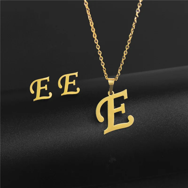A-Z 26 Stainless Steel Initial Necklace and Earring Jewelry Set Letter Pendant Chain Alphabet Mom Christmas Gift