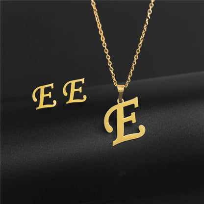 A-Z 26 Stainless Steel Initial Necklace and Earring Jewelry Set Letter Pendant Chain Alphabet Mom Christmas Gift
