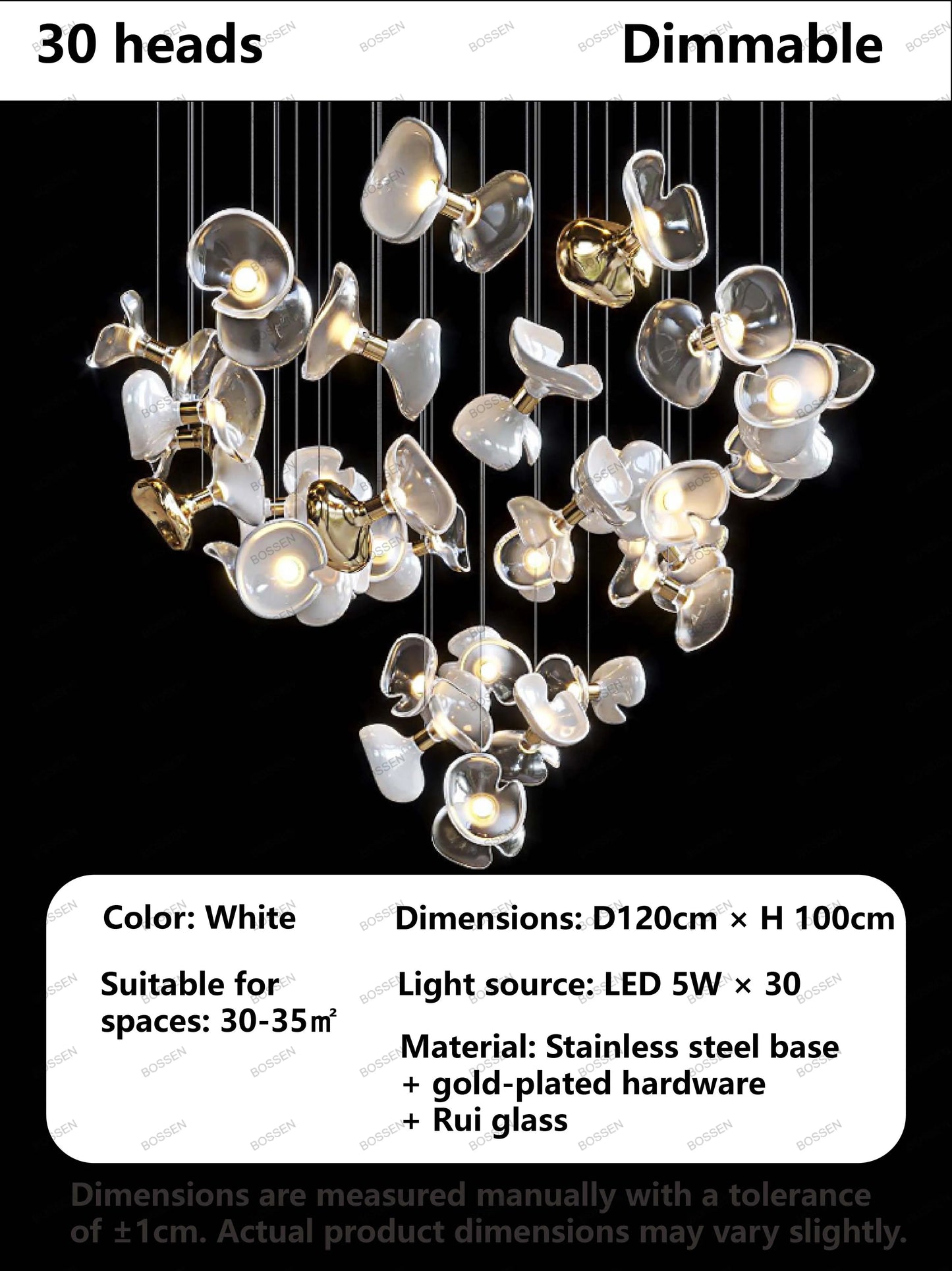 BOSSEN Light Luxury Dimmable Green Crystal Glass Chandelier Pendant Light White Gold Stainless Steel for Living Room decor