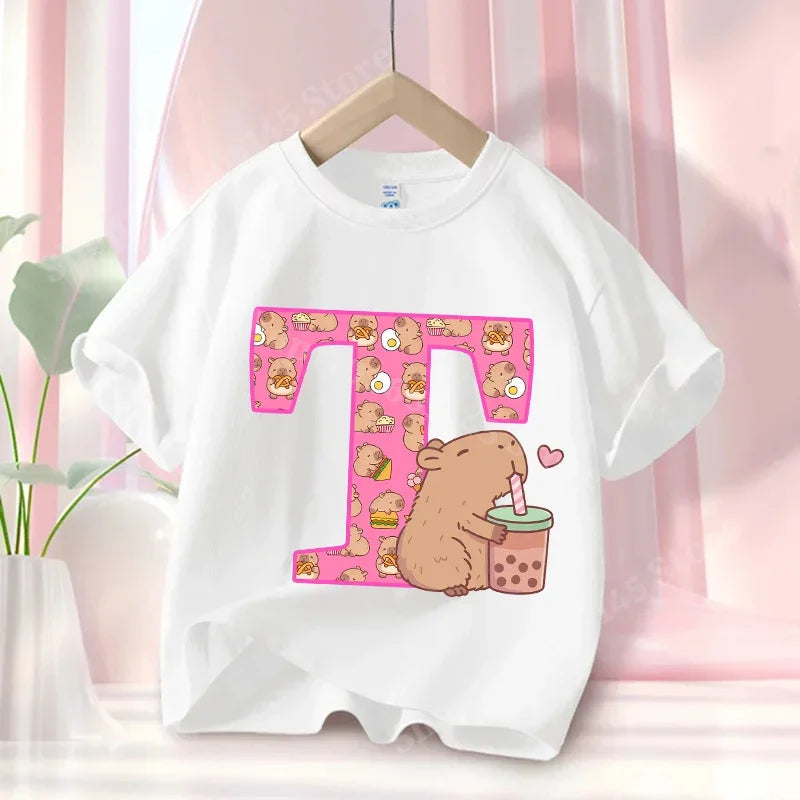 Summer Capibara Anime Letter A-Z Cute Printed Children's T-shirt Girls Short Sleeve Cotton Fashion Tops Kids Clothes Casual Tees