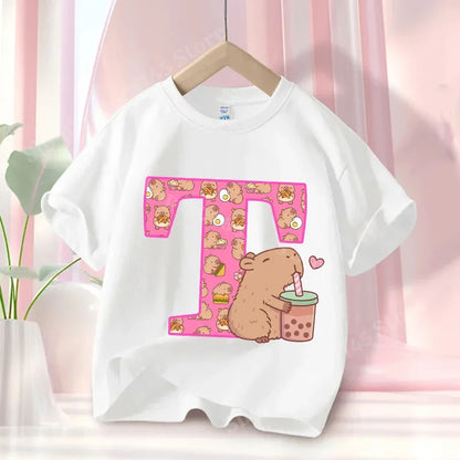 Summer Capibara Anime Letter A-Z Cute Printed Children's T-shirt Girls Short Sleeve Cotton Fashion Tops Kids Clothes Casual Tees