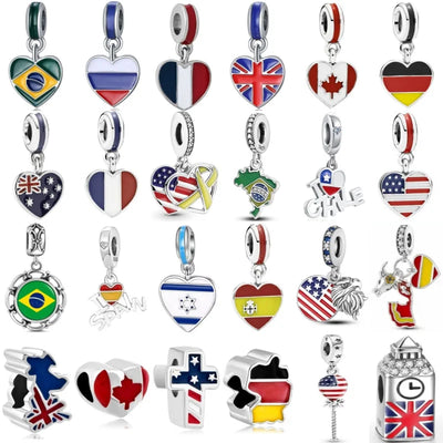 New Original 925 Silver plated DIY Women Jewelry Fine National Flag Dangle charm Bead Fit Charms Bracelet Trinket Accessories