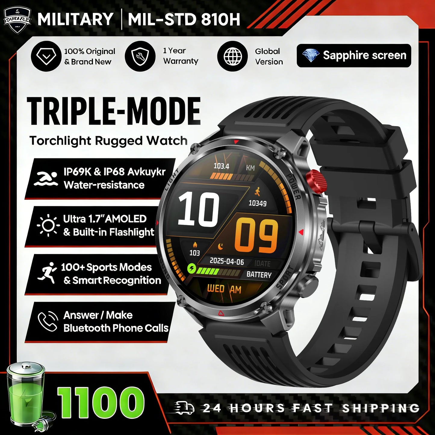 1100mAh Super Capacity Battery Military Outdoor Smart Watch Men 1.7inch Screen Compass Bluetooth Call 3ATM Waterproof SmartWatch