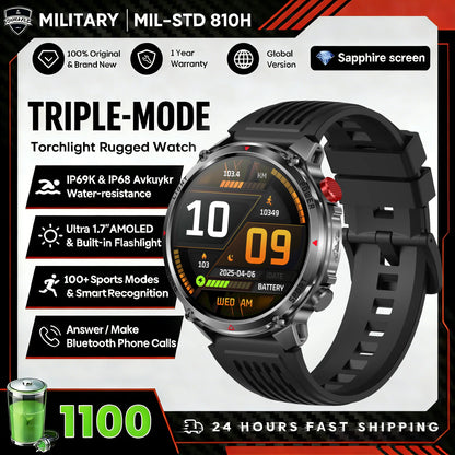 1100mAh Super Capacity Battery Military Outdoor Smart Watch Men 1.7inch Screen Compass Bluetooth Call 3ATM Waterproof SmartWatch