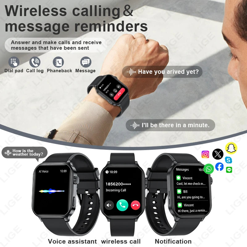LIGE NEW Smart Watch Daily Monitoring Voice Assistant Wireless Call Notification Music Control Men Women Waterproof Smartwatch