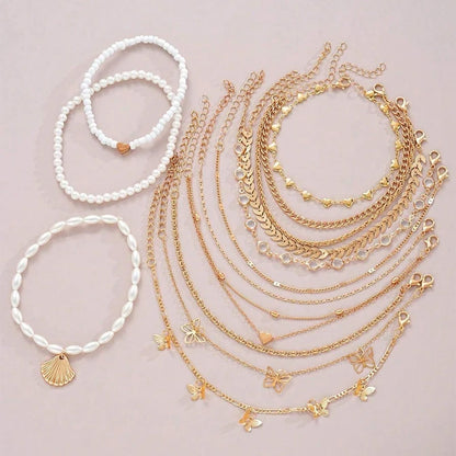 13pcs/Set Bohemian Heart Butterfly Rhinestone Anklet for Women Faux Turquoise Multi-Element Anklets Summer Beach Party Jewelry