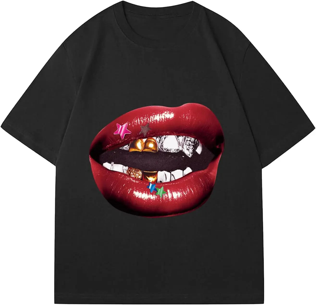 Chic Lips Golden Teeth Vintage T-shirt Rock Goth Casual Tee Clothing Men Oversized Cotton T Shirt Harajuku Y2k Tops Streetwear