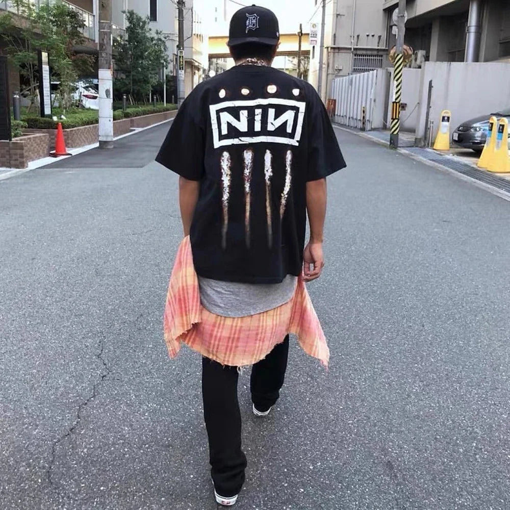 SAINT OF MICHAEL Nine Inch Nails Graphics Printed Streetwear Cotton Vintage Clothing Casual Loose Tops Tees T Shirt For Men