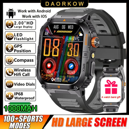 New 1000mAh military outdoor smartwatch for men, LED flashlight, IP68 waterproof, GPS sports, 2.01-inch Bluetooth call smartwatc