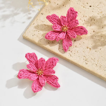 Boho Handmade Delicate Raffia Flower Earrings for Women Trendy Irregular Floral Summer Beach Jewelry Gift