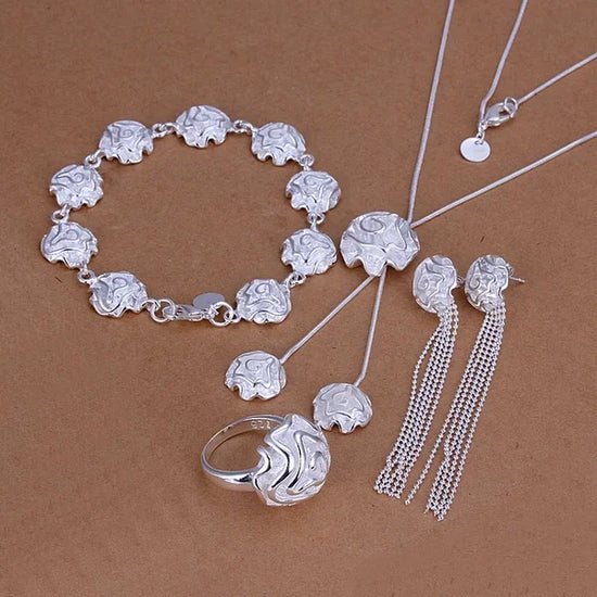 Hot Wedding Jewelry Noble Elegant Roses Flower Ring Necklaces Bracelets Bead Chain Stud Earrings Silver Color Jewelry Sets