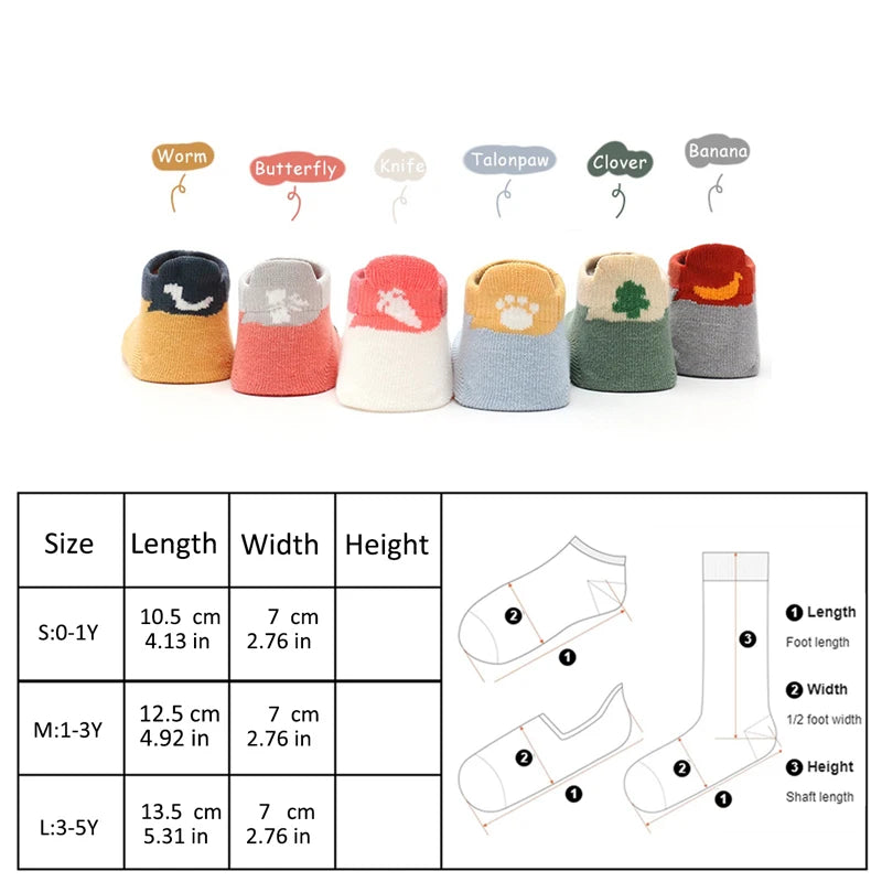 6 pairs  anti-slip children's socks, featuring cute cartoon animal patterns. These are suitable for toddlers and young walkers.