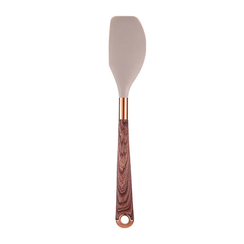 LMETJMA Silicone Kitchen Utensil Set 10 Pcs Cooking Utensil with Utensils Holder Wooden Pattern Handles Nonstick Cookware JT264