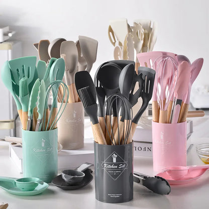 12PCS Mint Green Silicone Kitchen Utensils Set with Wooden Handle, Non-Stick Cooking Tools & Utensil Holder Organizer