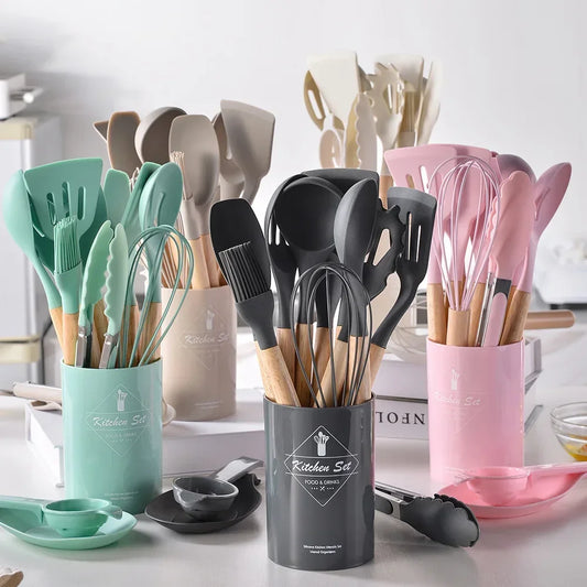 12PCS Mint Green Silicone Kitchen Utensils Set with Wooden Handle, Non-Stick Cooking Tools & Utensil Holder Organizer