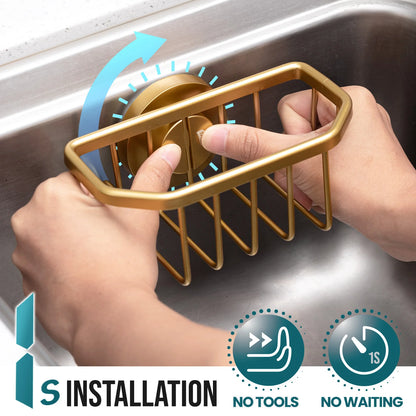 TAILI Gold Sponge Holder for Kitchen Sink with Strong Suction Cup Removable, Rustproof Aluminum Sink Caddy for Sponge, Brush