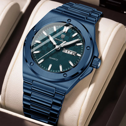 POEDAGAR High Quality Men Clock Date Week Waterproof Fashion Watch For Man Stainless Steel Luxury Men's Quartz Watches Reloj+Box