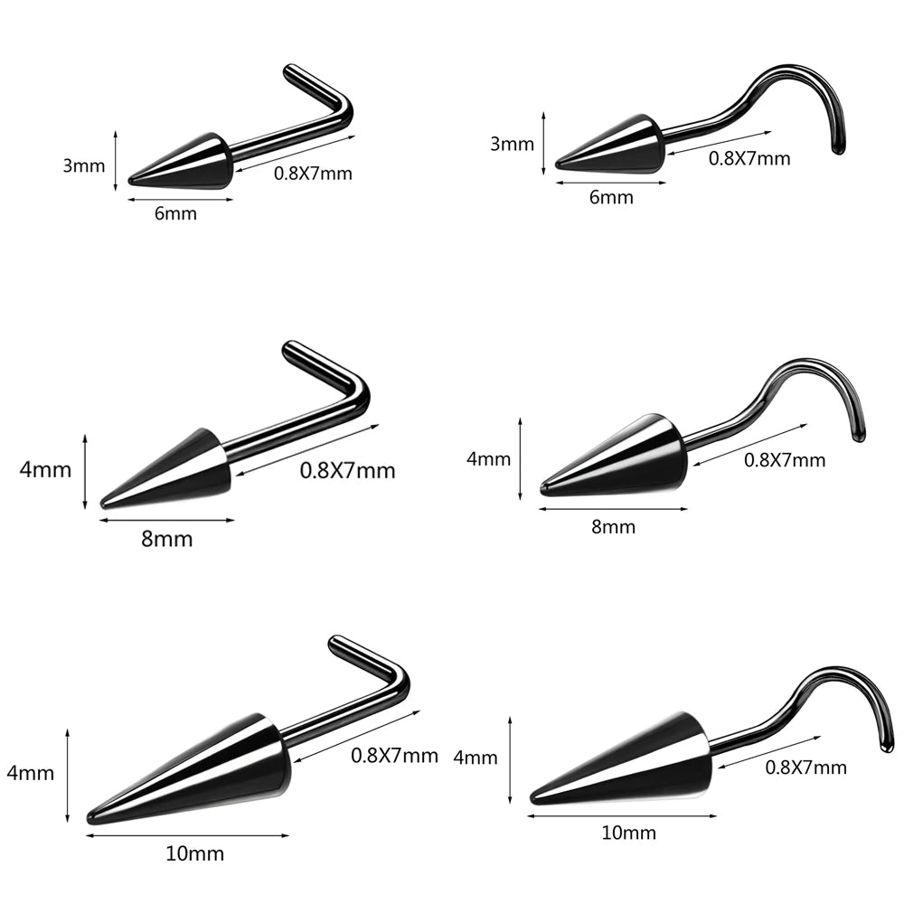 ZS 20G Black Spike Nostril Piercings Stainelss Steel Cone Nose Studs Doule Nose Piering Jewelry Long Spike Nostril Ring Chain